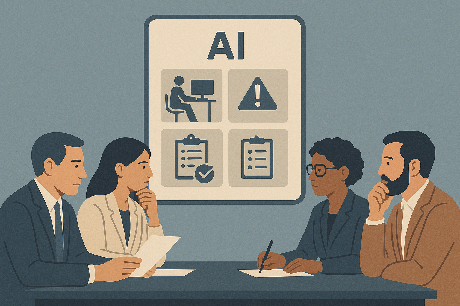 Editorial illustration showing a hiring panel evaluating an AI-assisted project through practical lenses like problem clarity, constraints, verification, and outcomes