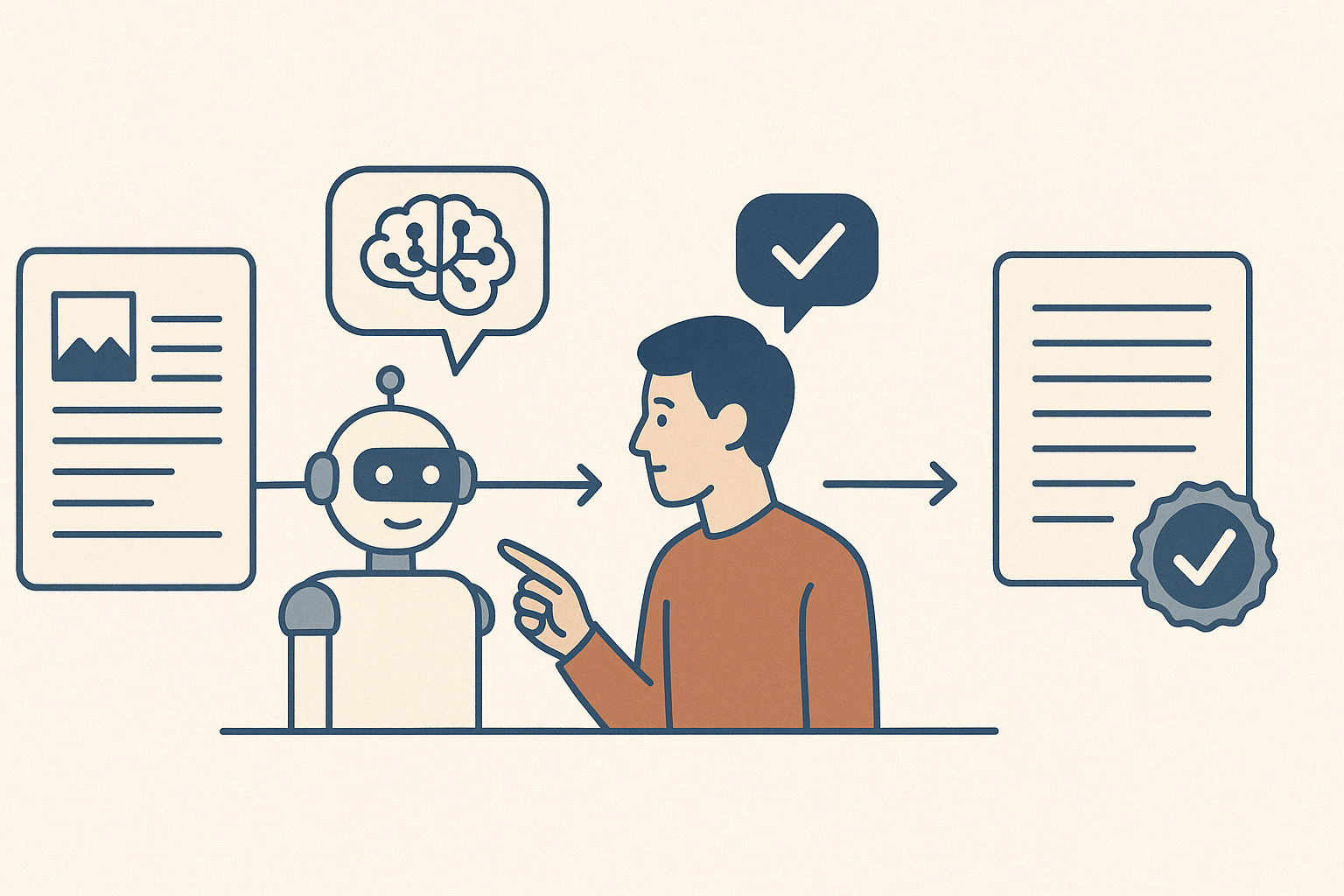 Editorial illustration of an AI-assisted project moving through source material, AI drafting, human review, and approval before becoming a final professional description