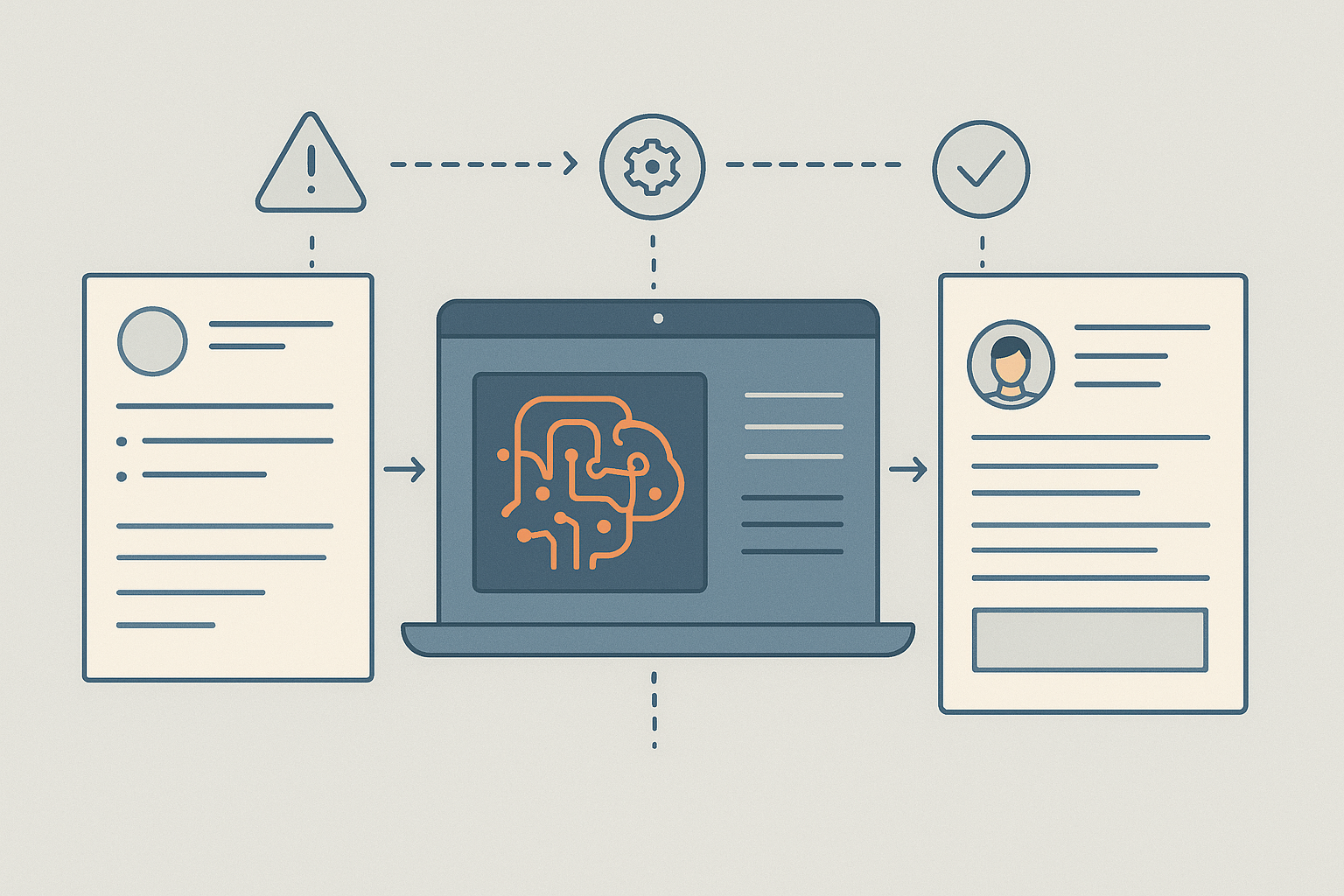 Editorial illustration showing one AI-assisted project translated across a resume bullet, a portfolio case study, and a profile summary with proof cues carried through each format