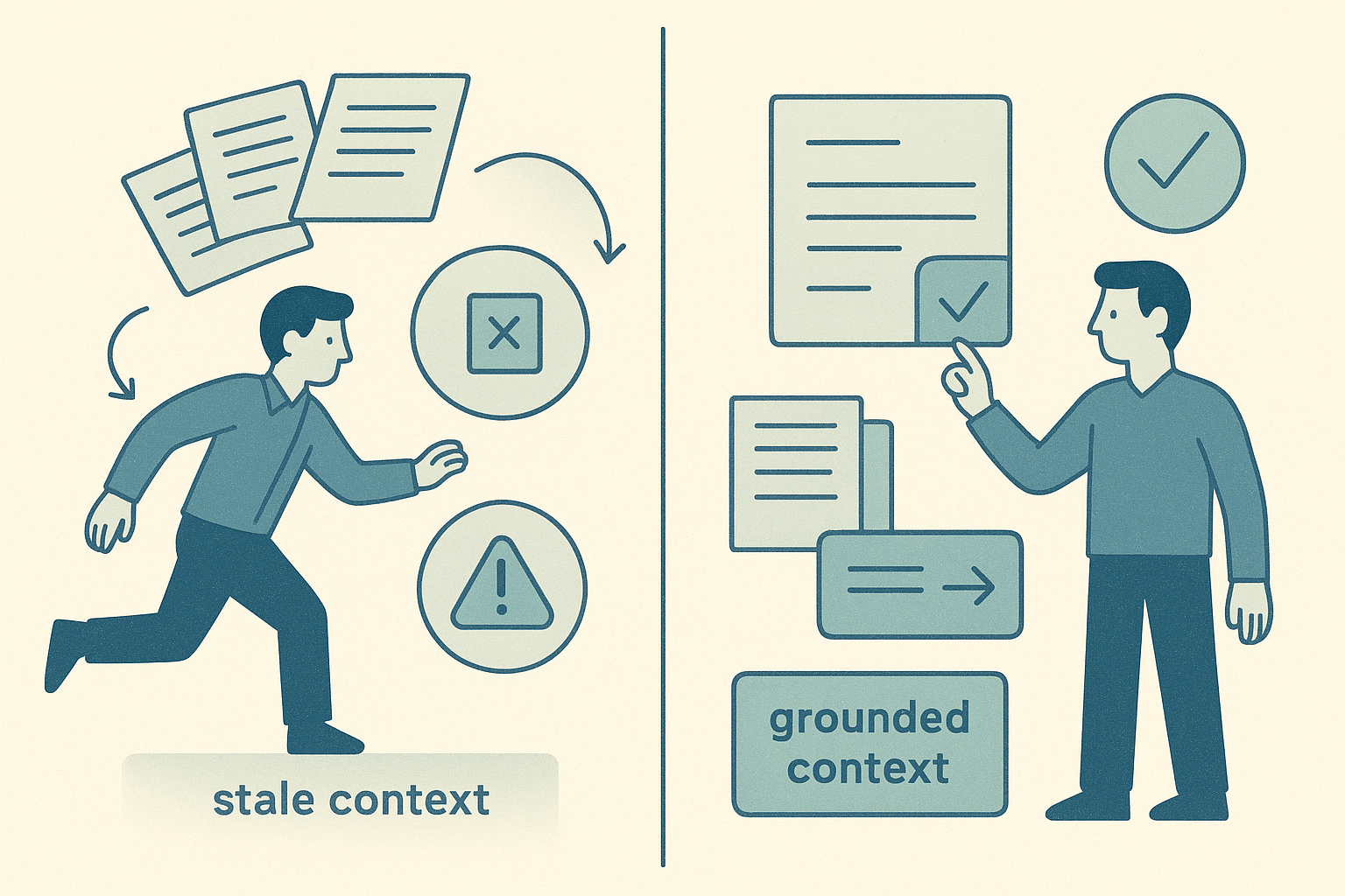 Editorial illustration contrasting an ungrounded agent workflow stuck in stale context with a grounded workflow using current documentation and verification checkpoints
