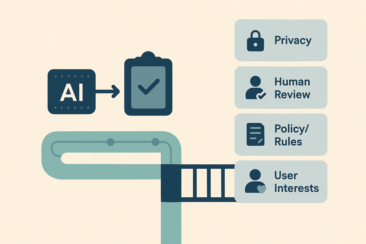 Editorial illustration showing an AI workflow reaching completion only by passing through privacy, human-review, policy, and user-interest guardrails