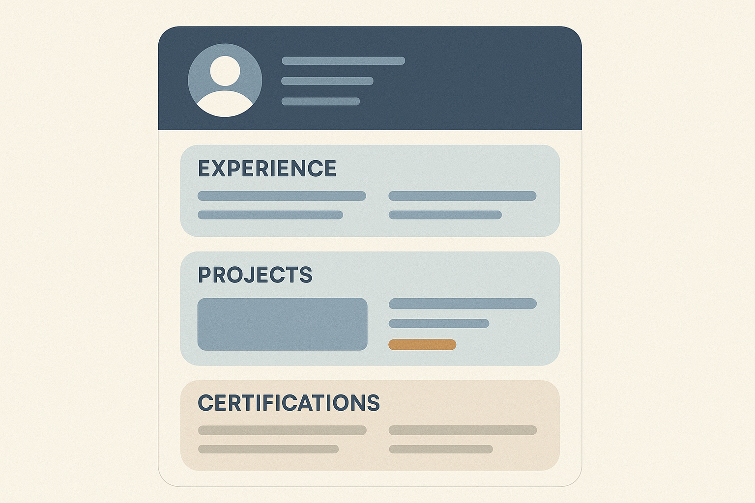 Editorial illustration showing an evidence-first resume top section with experience and project proof above a smaller certifications section