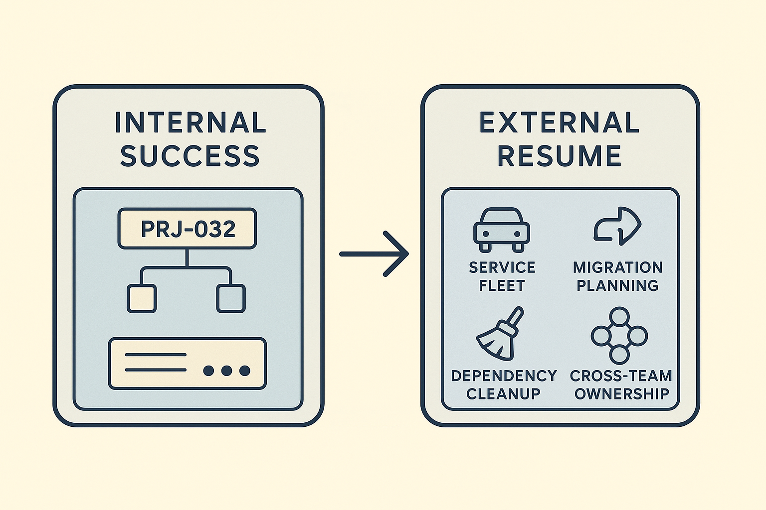 Editorial illustration showing vague internal labels translated into clear external resume meaning through cleaner system and ownership signals