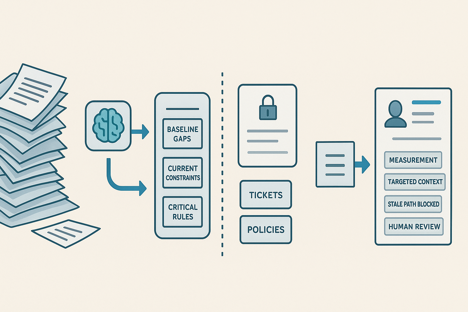 Editorial diagram showing a narrow bridge from an AI workflow into a private ticketing and policy system, with sensitive context kept behind a clear boundary and only task-relevant data exposed