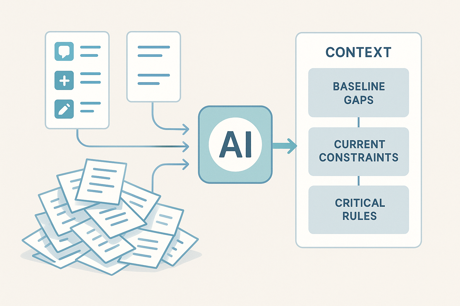 Editorial before-and-after showing a vague AI resume bullet transformed into a stronger bullet that highlights baseline measurement, targeted context, blocked stale paths, and human review