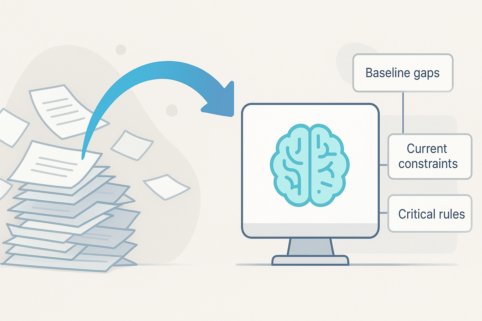 Editorial comparison showing a cluttered "add all the docs" workflow beside a narrower context-discipline workflow that keeps only baseline gaps, current constraints, and critical rules