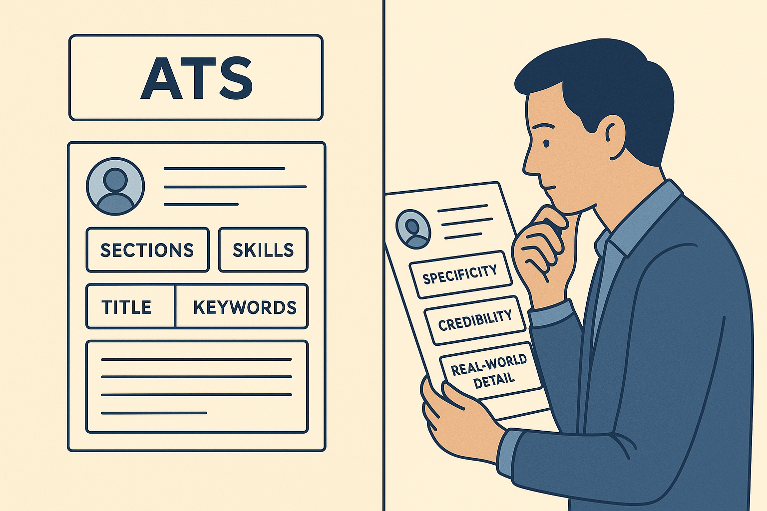 Editorial illustration showing an ATS parsing resume sections, skills, and qualifications while a separate human reviewer evaluates credibility and specificity