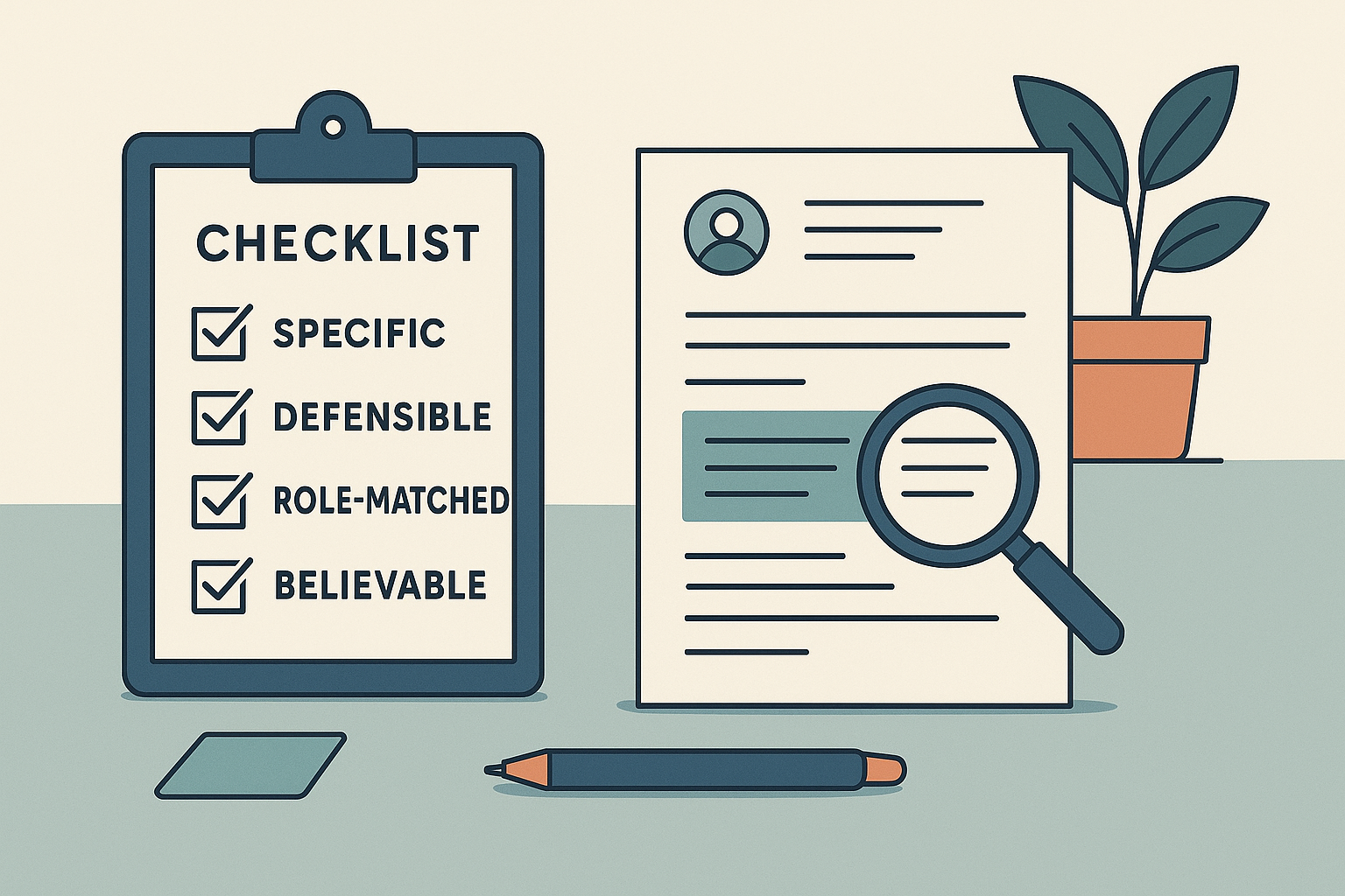 Editorial illustration showing a pre-send checklist that tests whether each resume bullet is specific, defensible, role-matched, and believable