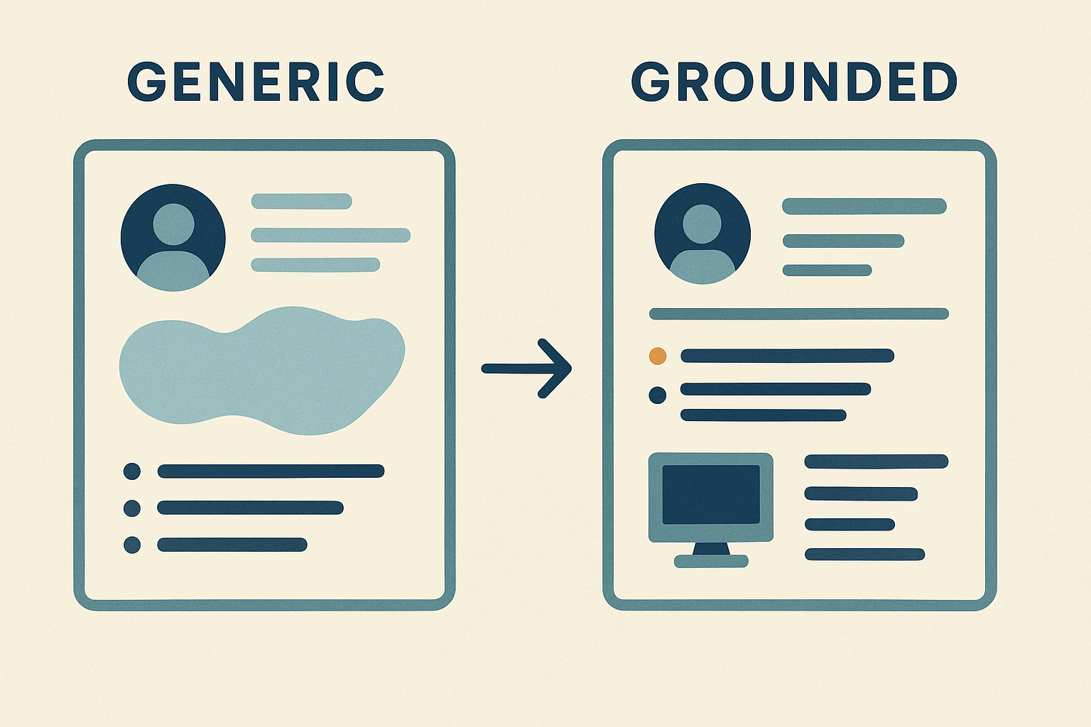 Editorial illustration contrasting vague AI-shaped resume language with grounded bullets that name systems, constraints, and believable outcomes