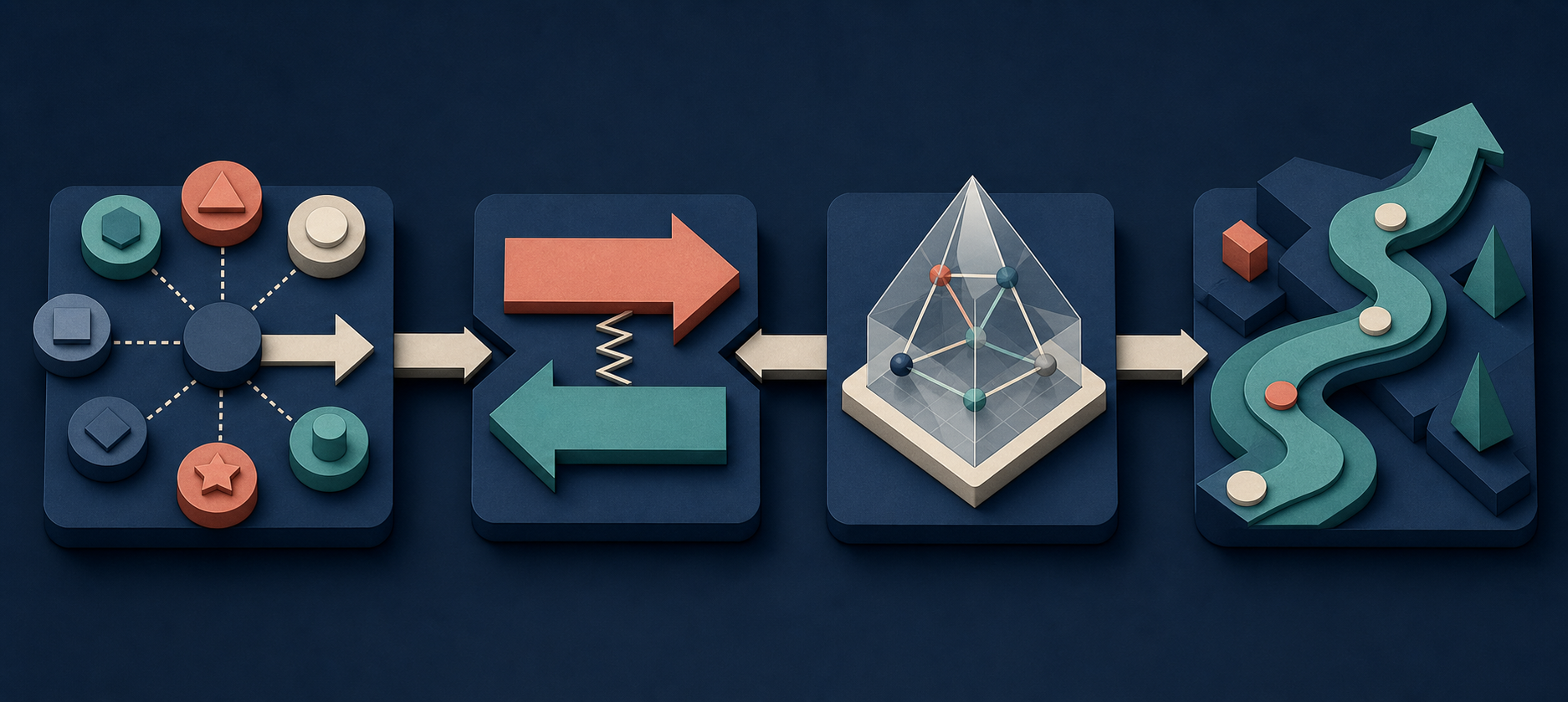 Four connected visual stages show stakeholders entering, competing constraints, a technical contribution, and a changed execution path