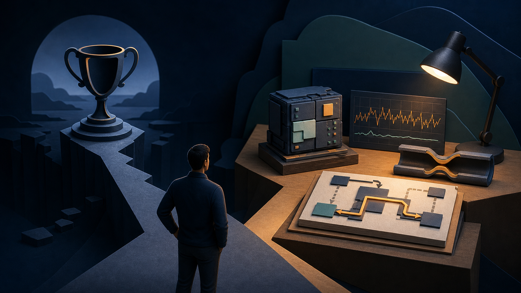 A technical professional choosing a workbench of prototype evidence, test results, constraints, and a changed architecture path over a hollow trophy