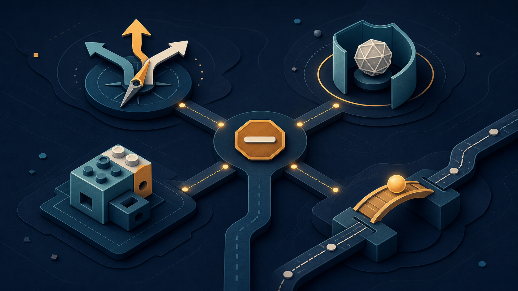 A stopped project path branching into a better decision, protected risk, a reusable component, and a bridge enabling later work