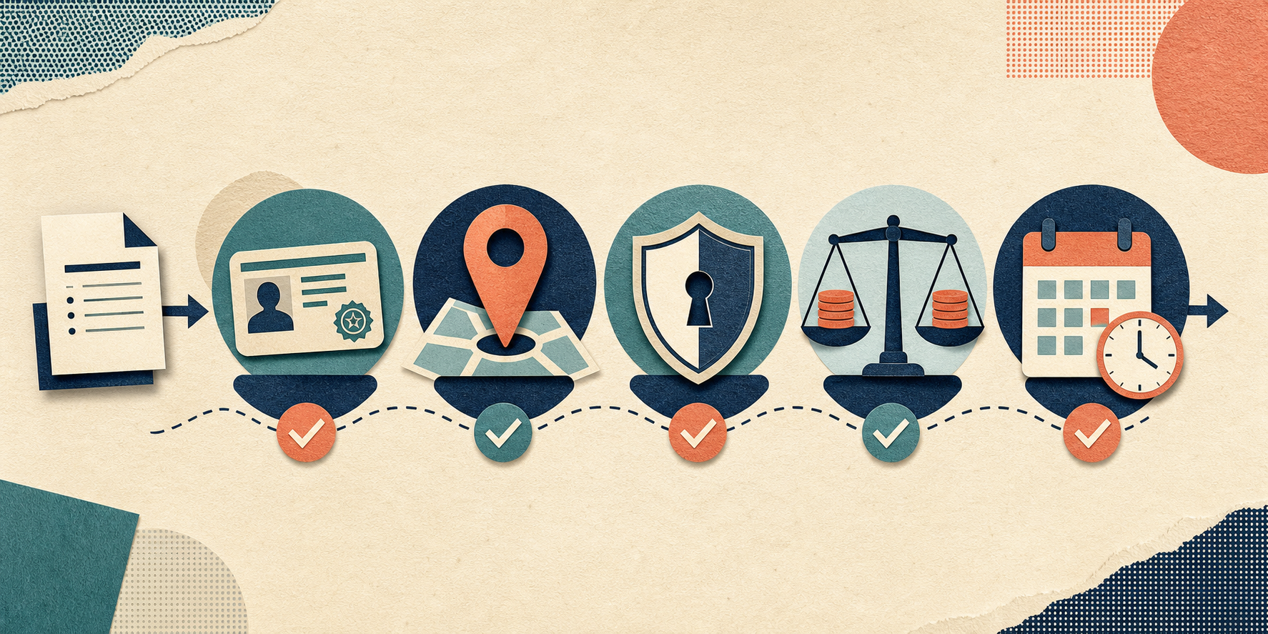 Editorial illustration of a job application moving through five checks for work authorization, location, clearance, compensation, and scheduling