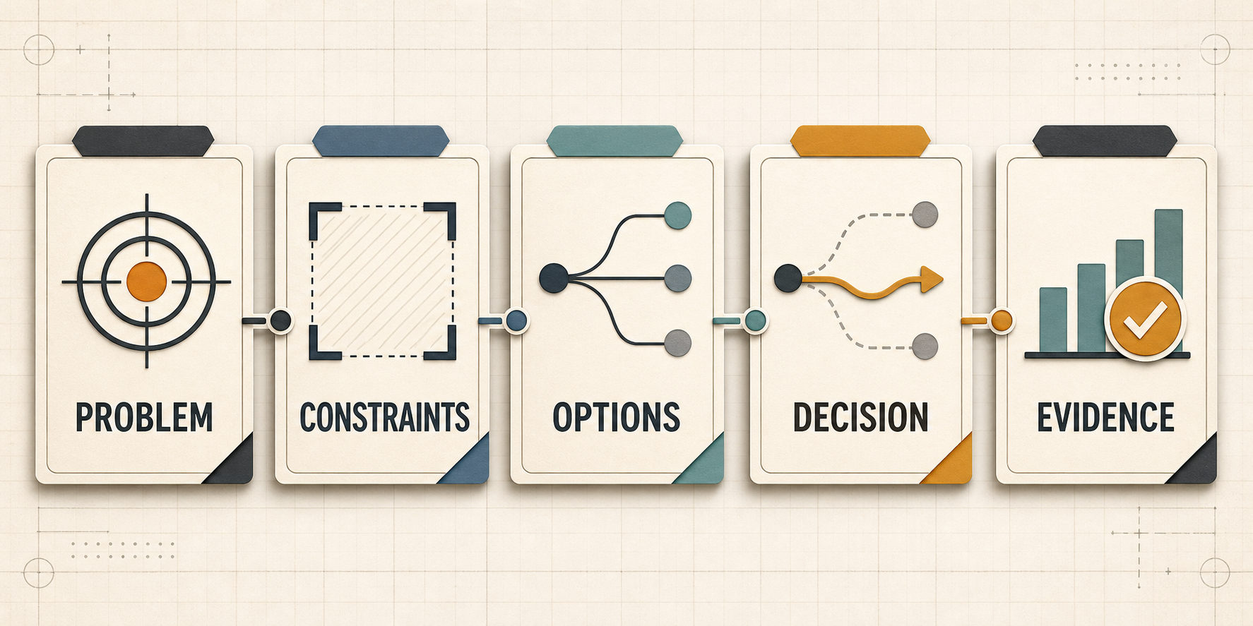 Five connected evidence cards show a technical case study moving through Problem, Constraints, Options, Decision, and Evidence