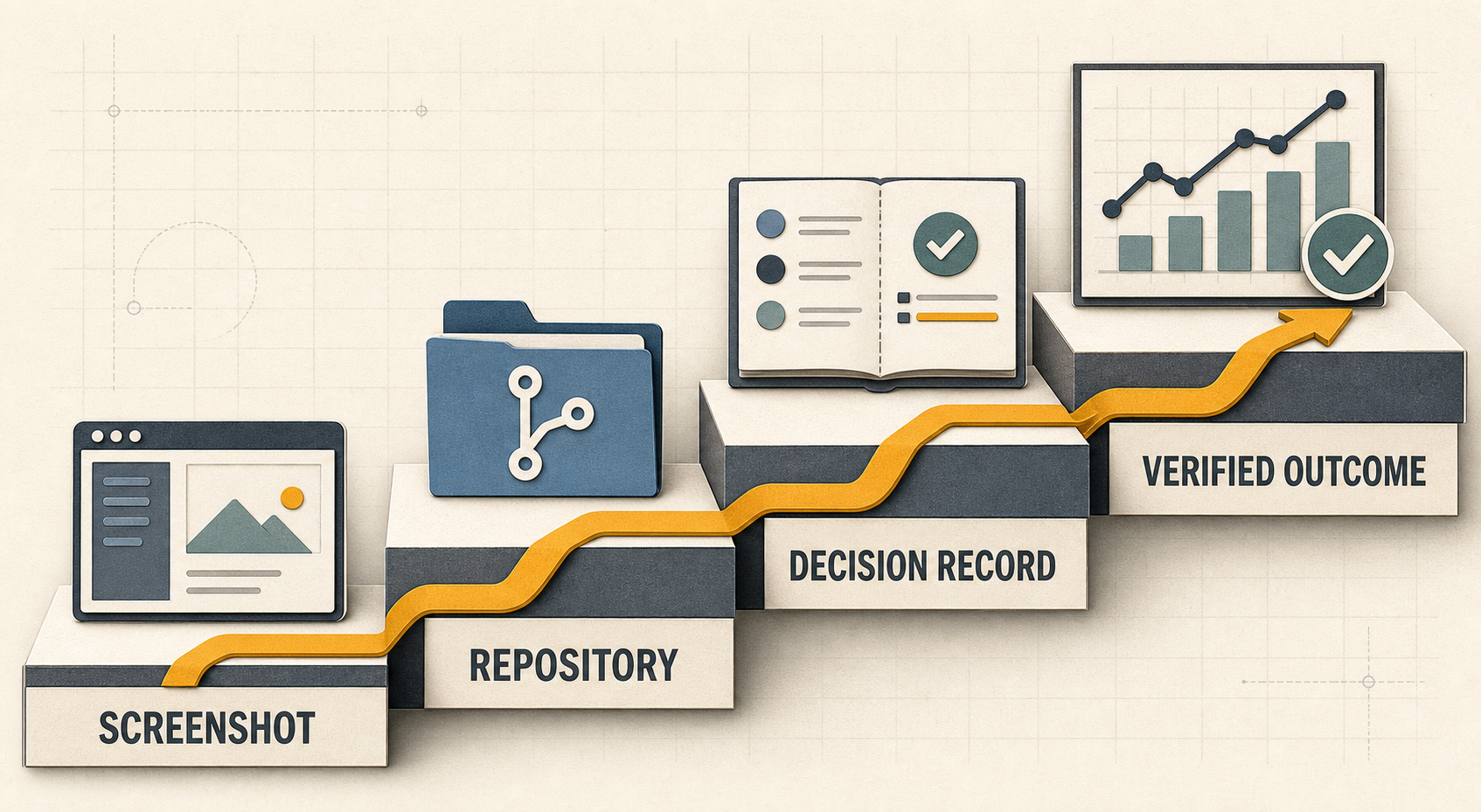 An evidence ladder climbs from a screenshot to a repository, decision record, and verified outcome