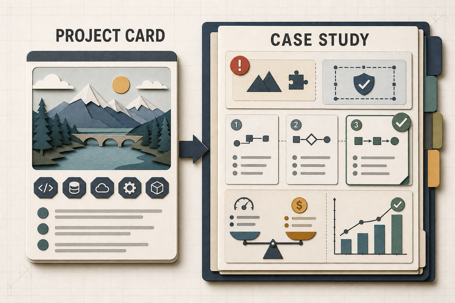 A surface-level project card sits beside a deeper technical case study that exposes constraints, alternatives, tradeoffs, and evidence