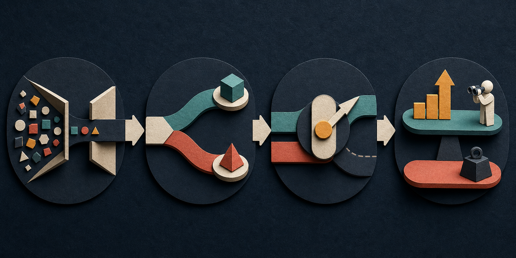 Four connected stages show a narrowing constraint, two credible options, a deliberate choice, and a balanced consequence