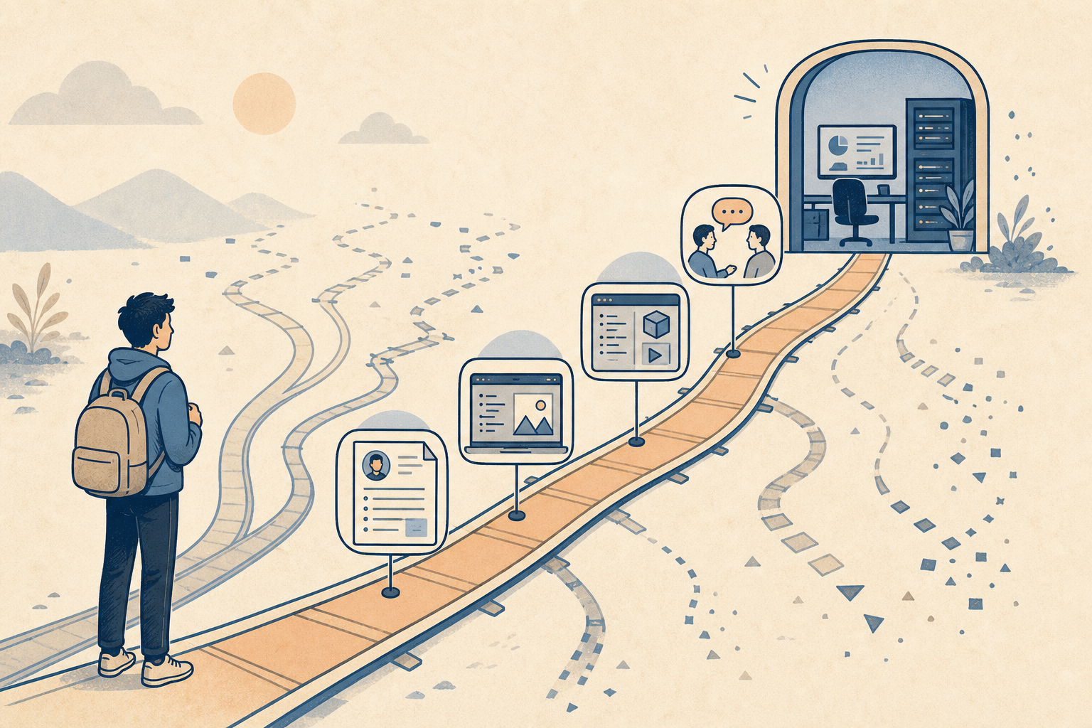 Editorial illustration showing a single target lane where resume, project artifact, README, and interview story all support the same opportunity