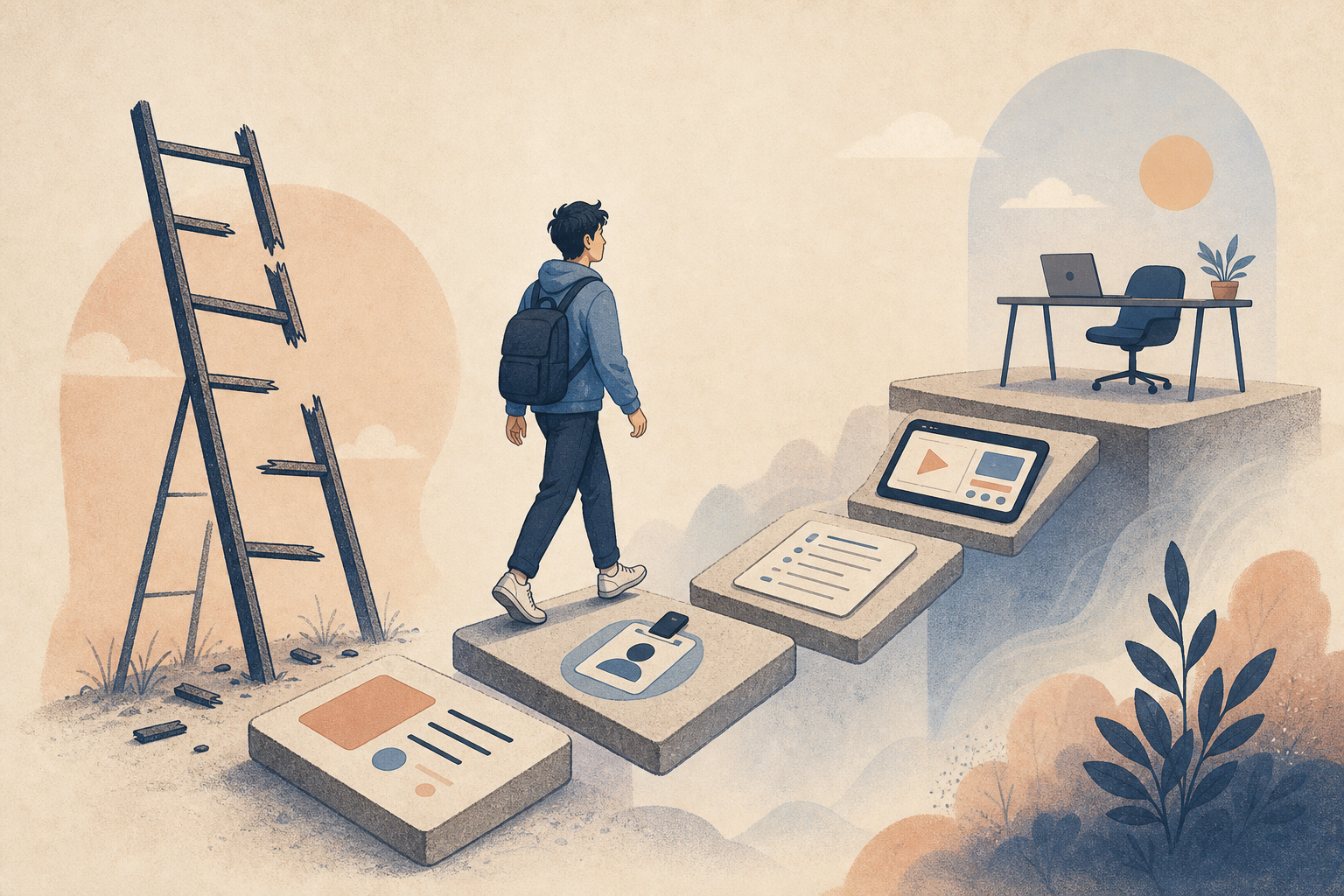Editorial illustration showing a broken ladder beside a narrower path built from proof artifacts toward real work
