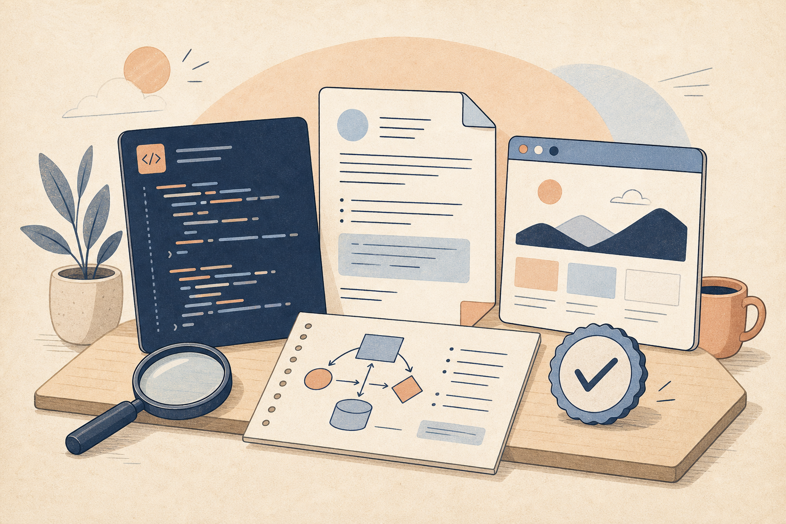 Editorial illustration showing a stronger junior proof stack made of focused code, a readable resume, a clear README, a case-study view, and visible verification