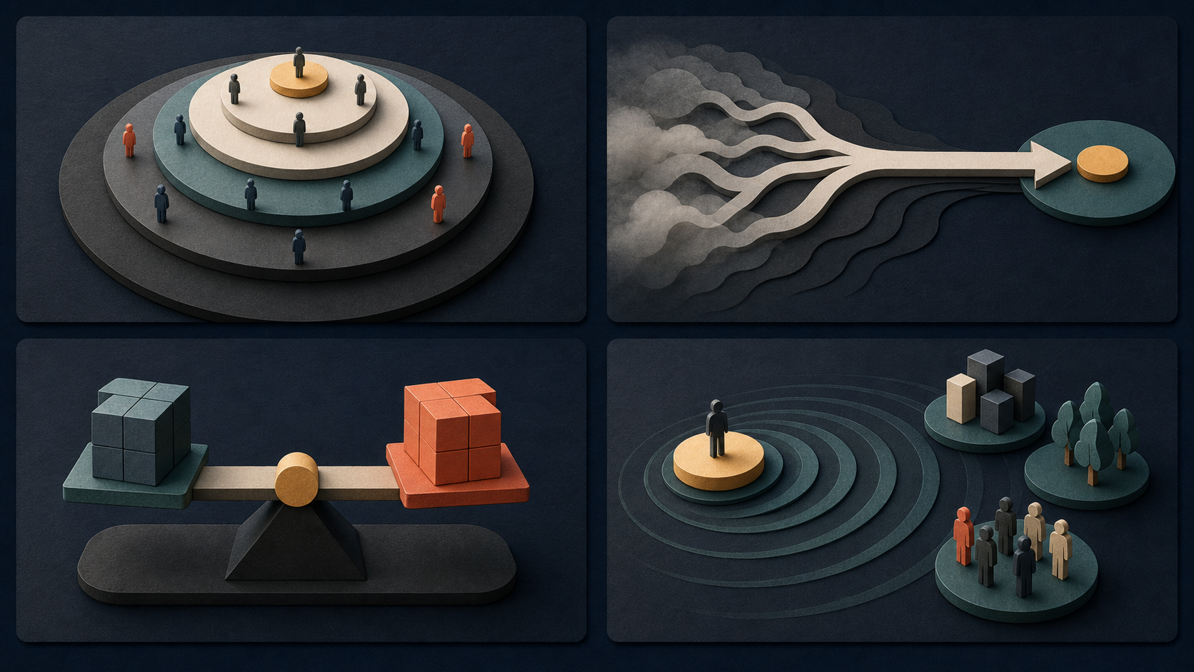 Four visual panels represent scope, ambiguity, decision weight, and consequences through expanding platforms, converging paths, a balanced pivot, and outward ripples