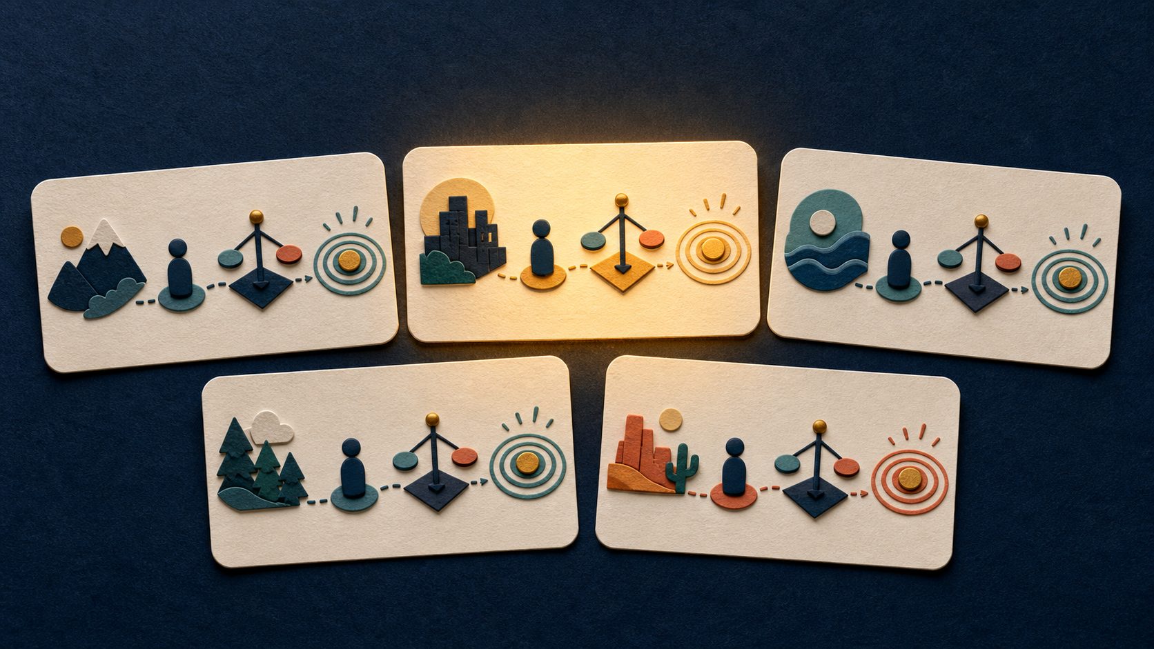 Five visual evidence cards organize interview stories into context, personal action, judgment, and result