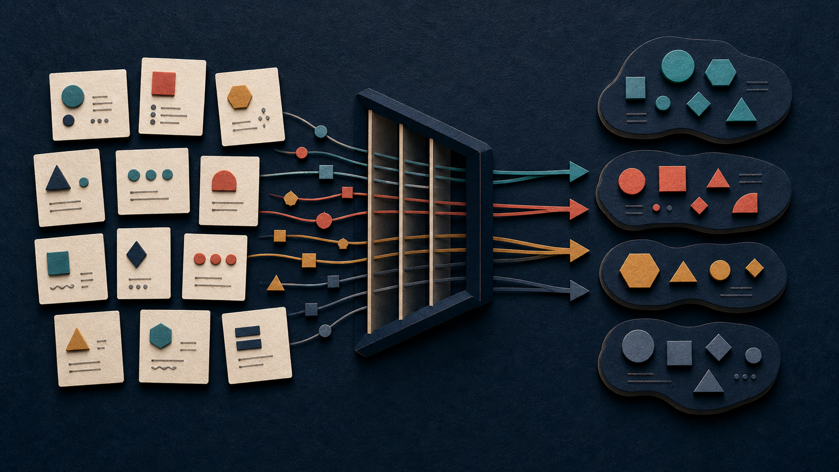 Job-posting cards pass through a sorting frame and resolve into distinct capability clusters without erasing meaningful differences