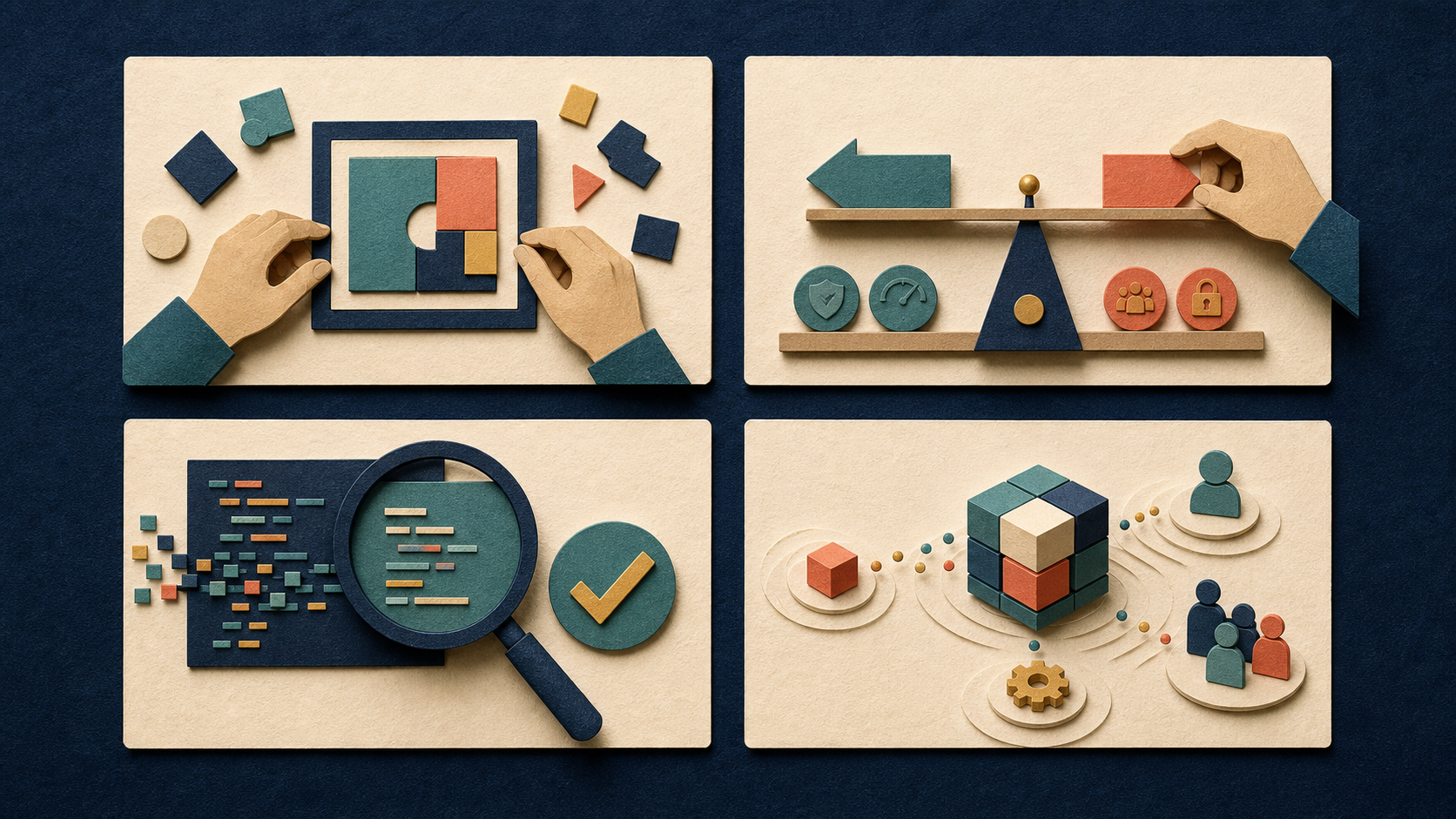 Four equal paper-cut panels show a bounded problem being owned, a tradeoff being weighed, work being verified, and consequences reaching systems, users, and teammates