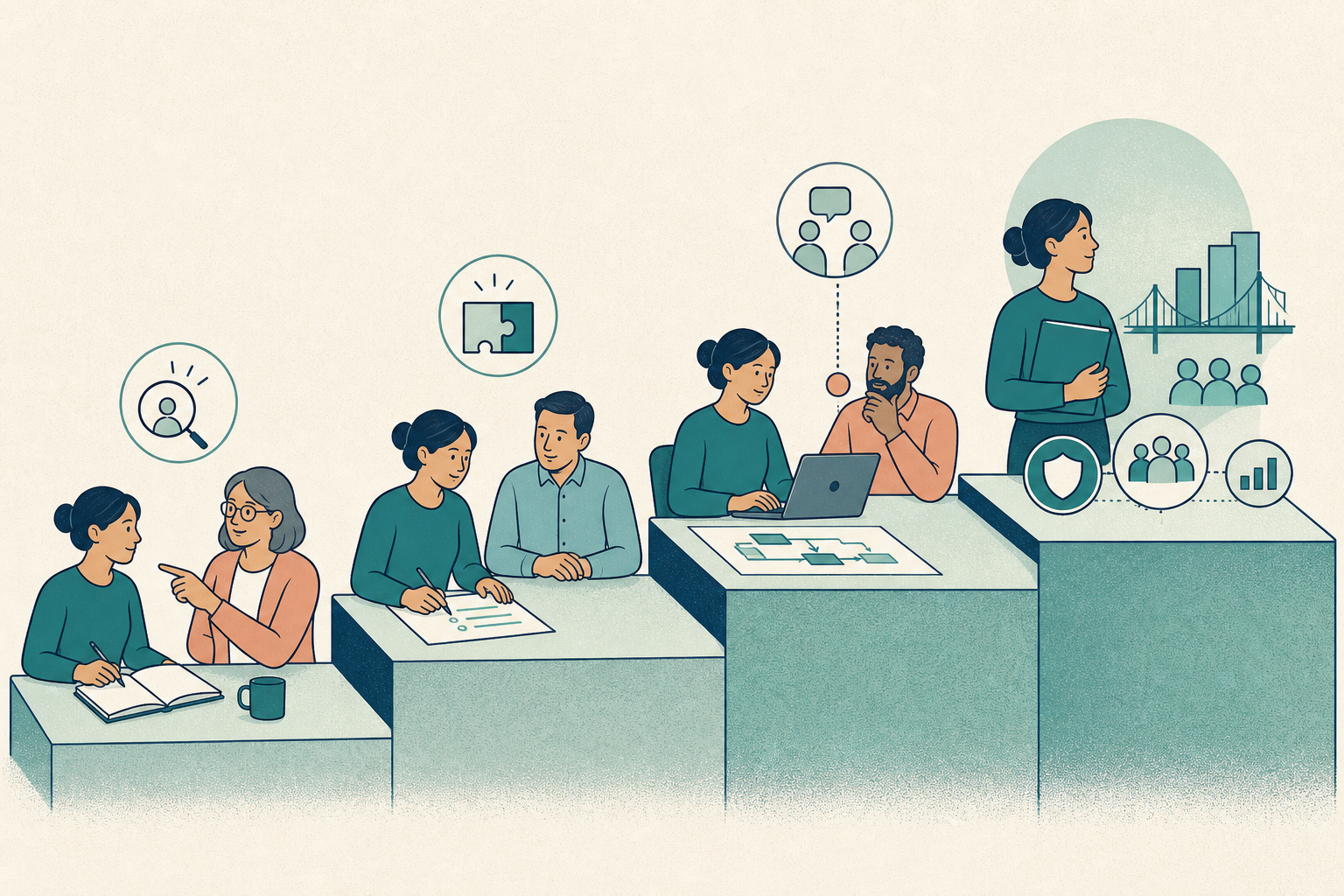 Editorial illustration showing a professional progressing through four levels of cross-boundary work, from guided exposure to bounded contribution, reviewed workflow ownership, and integrated capability