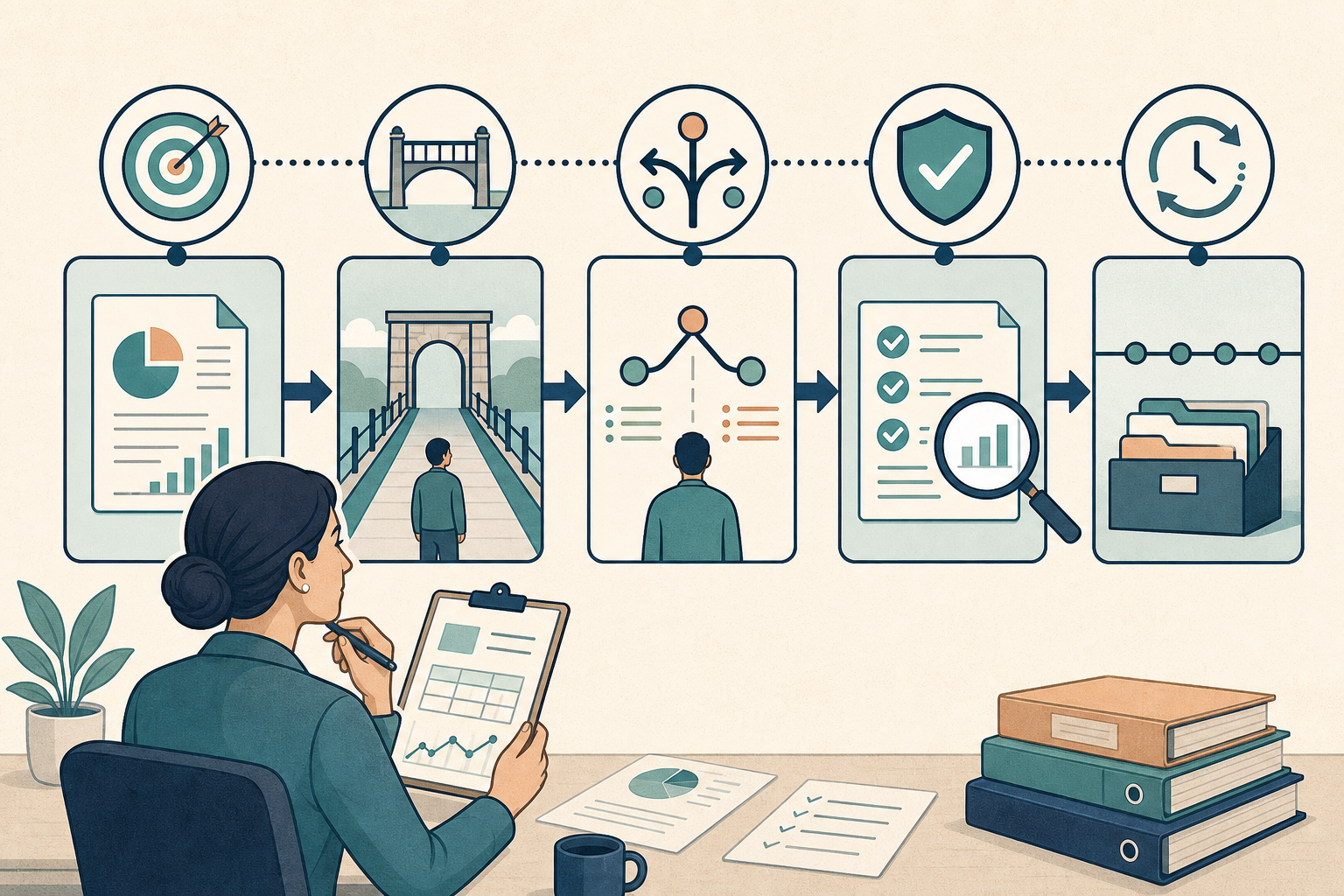 Editorial illustration showing a work artifact moving through five checkpoints for outcome, role boundary, operating judgment, verification, and sustained evidence