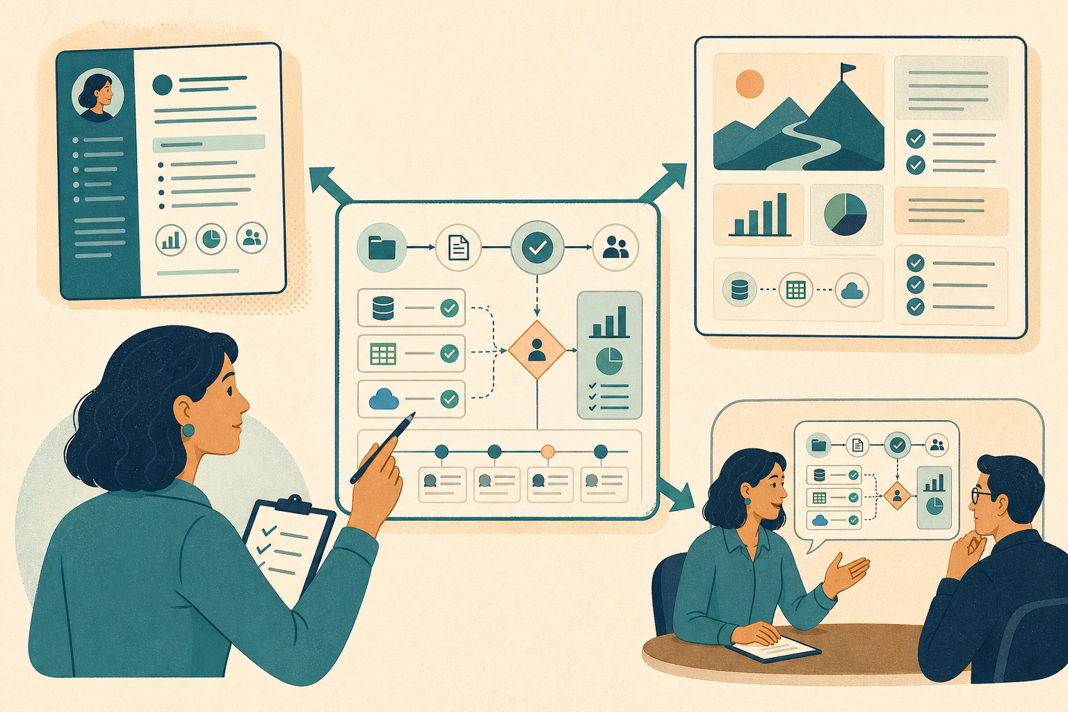 Editorial illustration showing one verified AI-assisted workflow translated into a resume, a portfolio case study, and an interview explanation