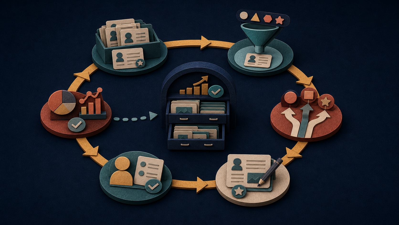 A circular paper-cut workflow connects role collection, qualification, effort selection, tailored submission, follow-up, and outcome review back to an organized evidence bank