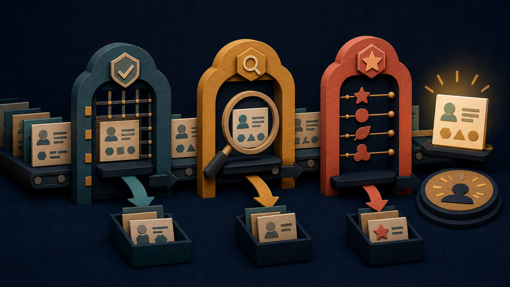 Job-posting cards move through three paper-cut inspection gates for hard constraints, provable role fit, and posting quality before one high-fit application emerges