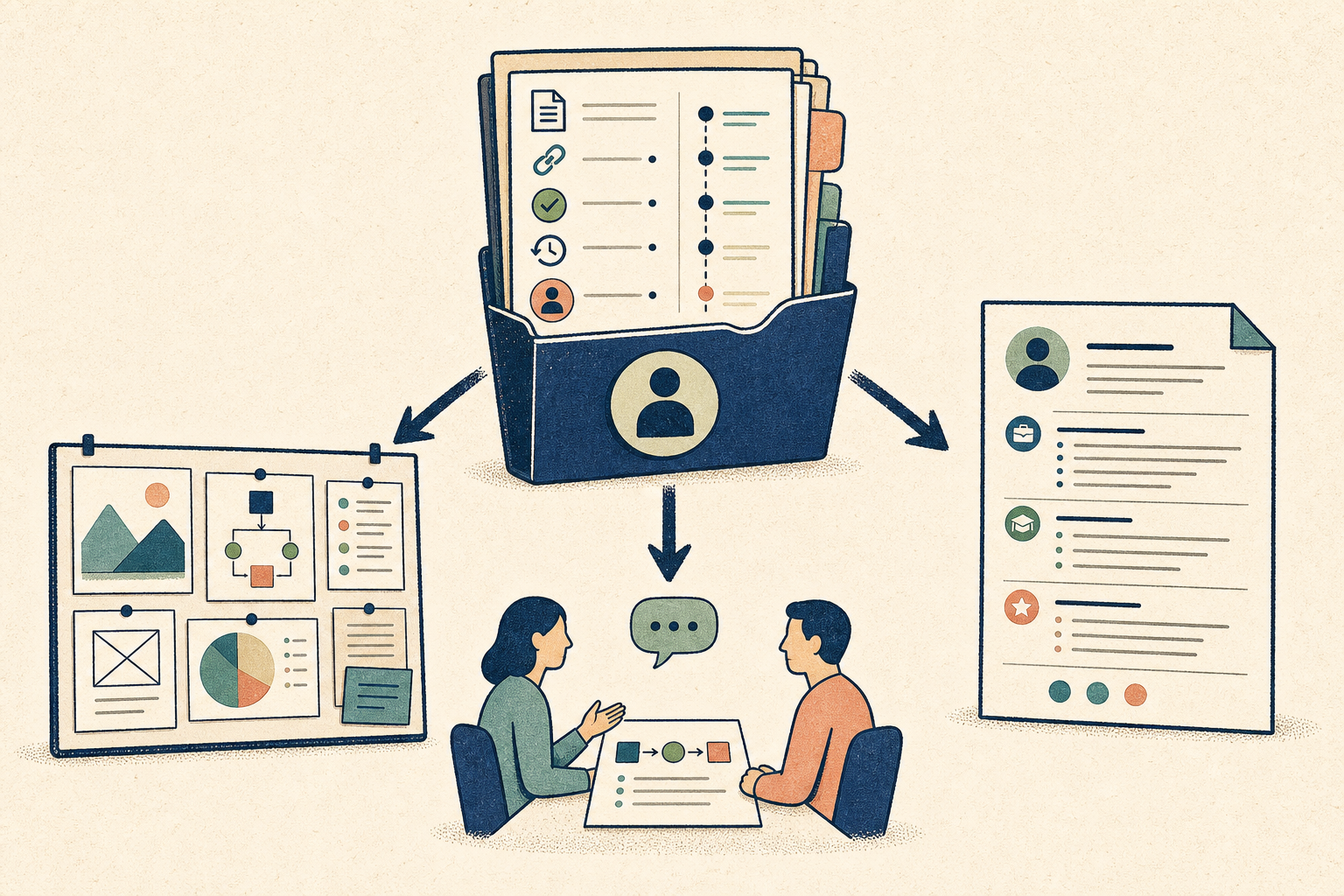 One verified evidence folder feeds a portfolio case study, a resume, and an interview conversation