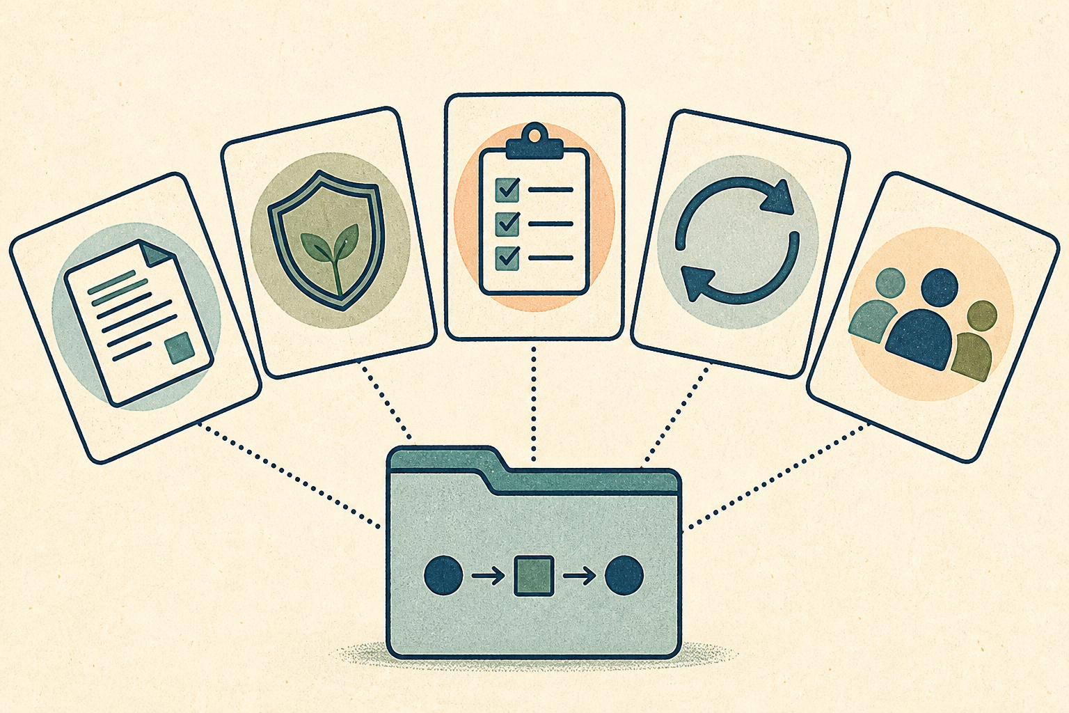 Five connected cards represent context, boundaries, checks, recovery, and ownership around a shared workflow folder