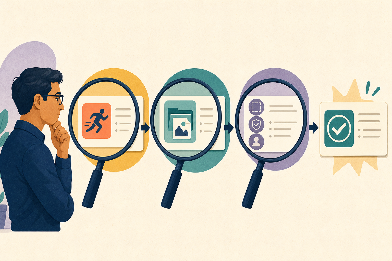 A technical professional examines a candidate evidence card through three sequential lenses for the employer's action, a concrete artifact, and defensible boundaries before approving it.