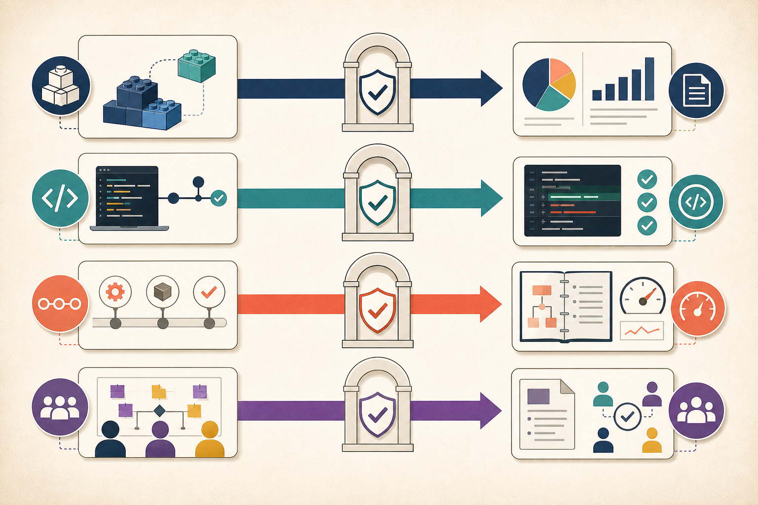 Four job-description patterns move through verification checkpoints and become distinct evidence artifacts: an evaluation report, tested code, an operating runbook, and a decision memo.
