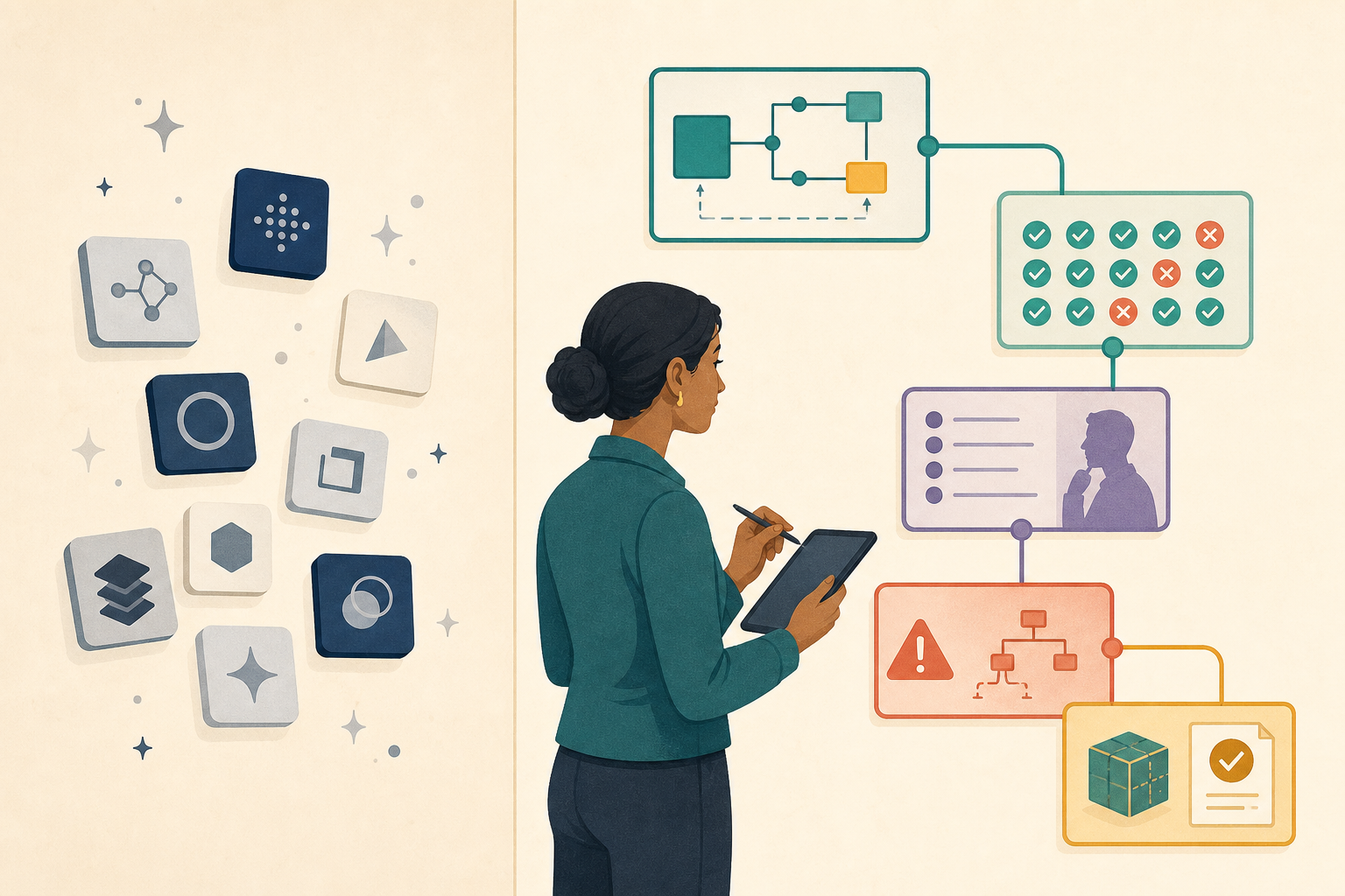 A disconnected cluster of generic tool icons is contrasted with a professional tracing one project through system design, tests, review, failure modes, and a verified outcome.