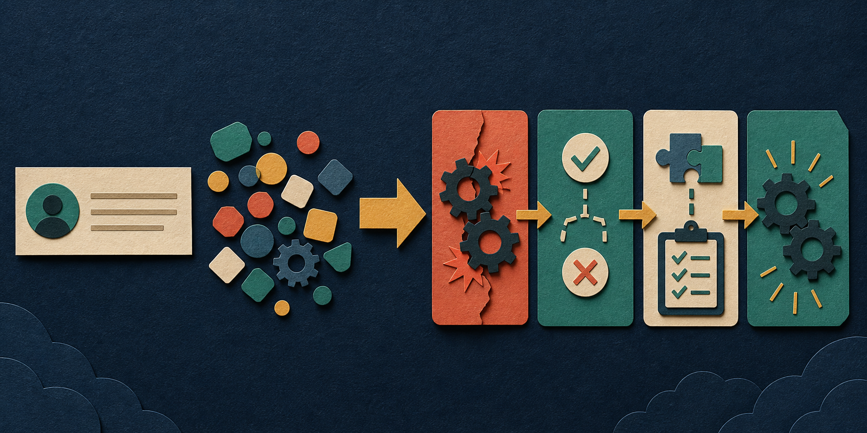 A generic project claim and loose tool tokens become a sequence showing failure, engineering decision, verification, and a working result.