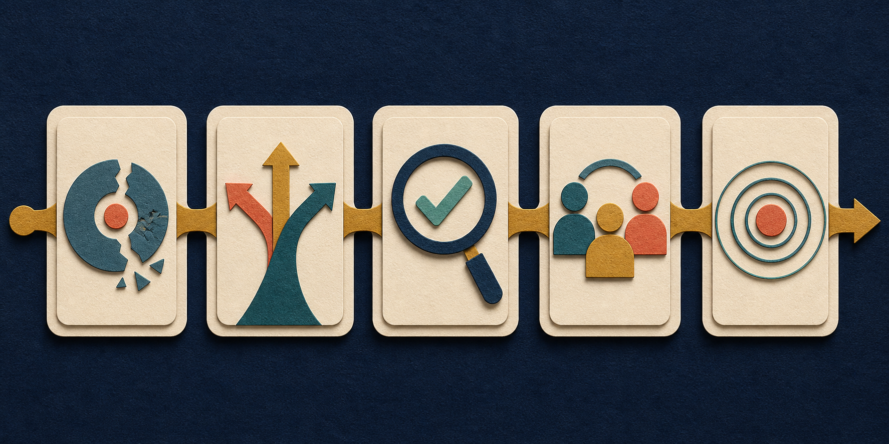 Five connected cards depict a bounded problem, branching engineering decision, verification check, collaboration, and a credible consequence.