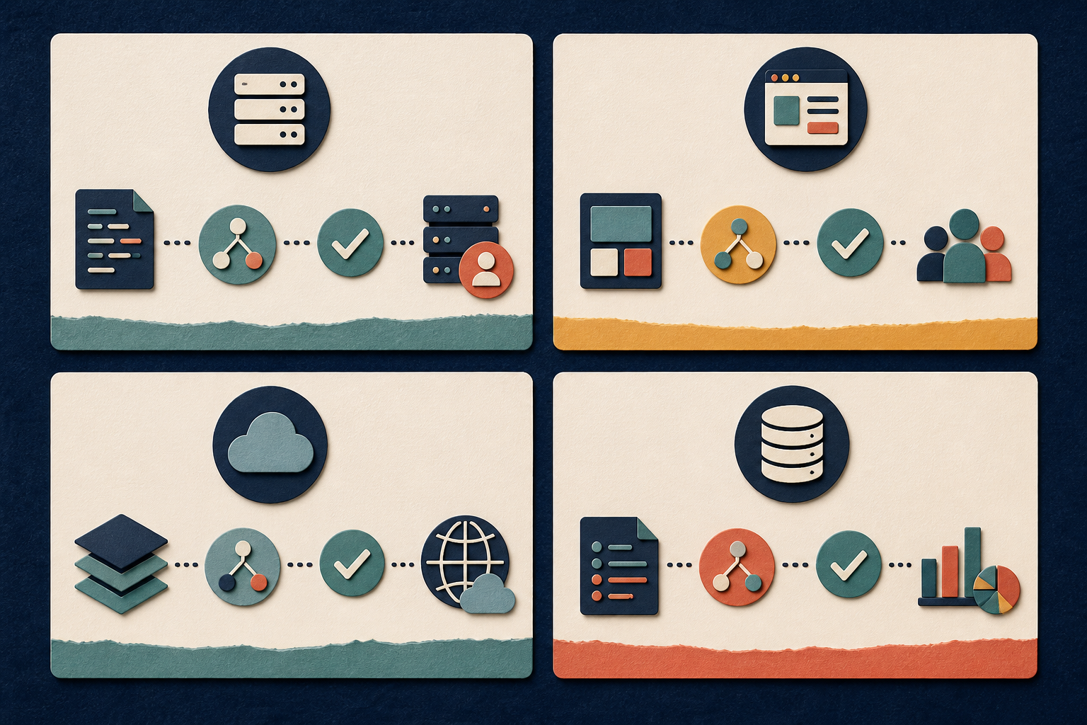 Four role-specific skills cards connect a primary technology to a project, a decision, a verification method, and an operational consequence.