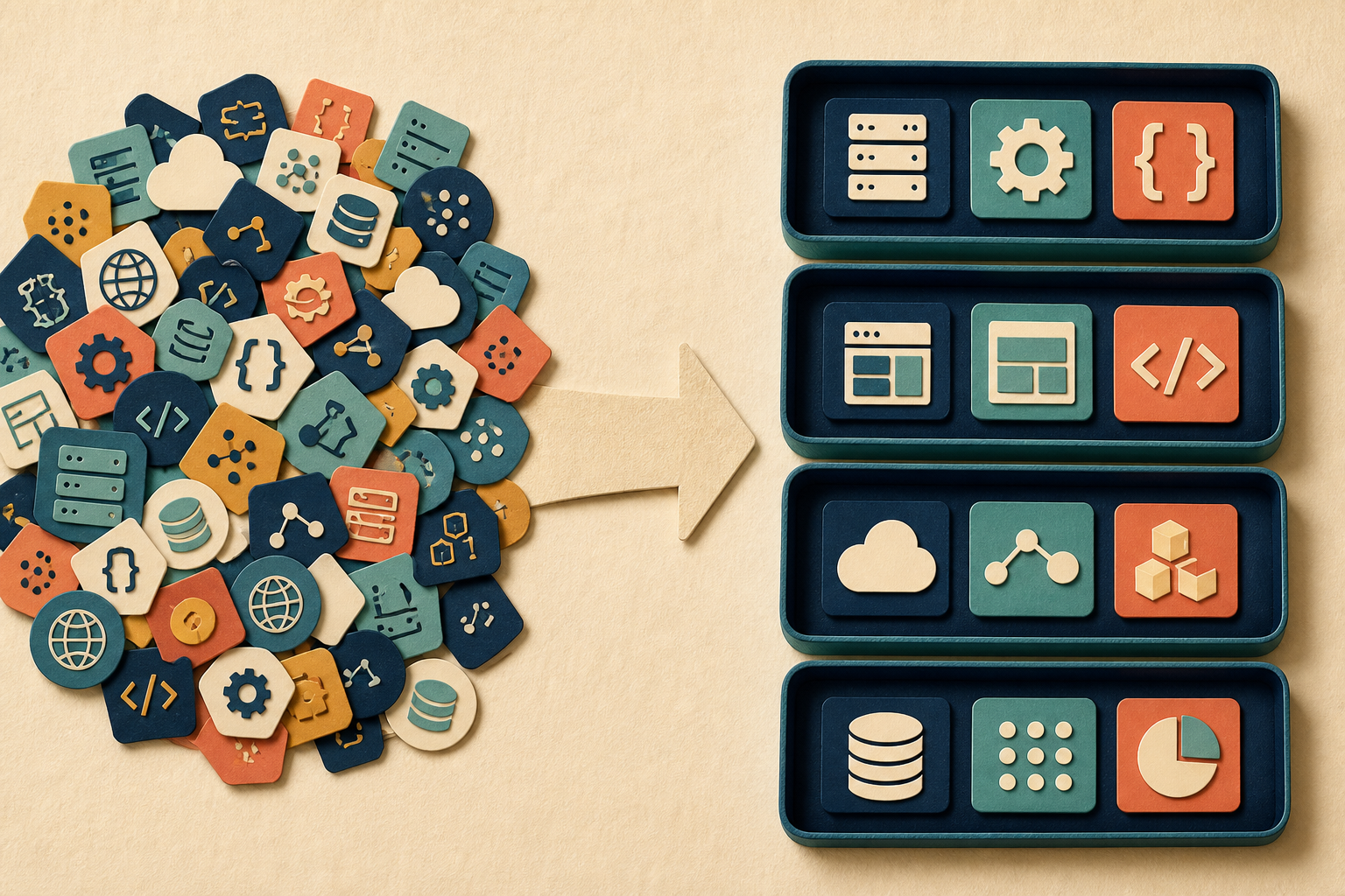 A crowded wall of technology names becomes four concise, role-focused skill groups with clear hierarchy and evidence links.