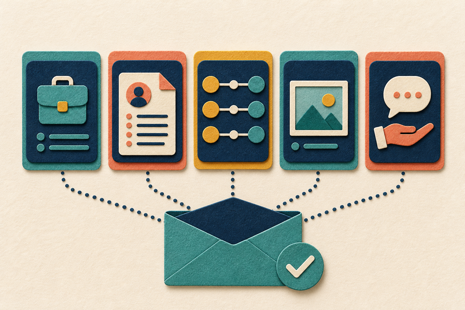 Five cards for the target role, tailored resume, evidence match, work sample, and low-pressure message feed into one complete referral packet.