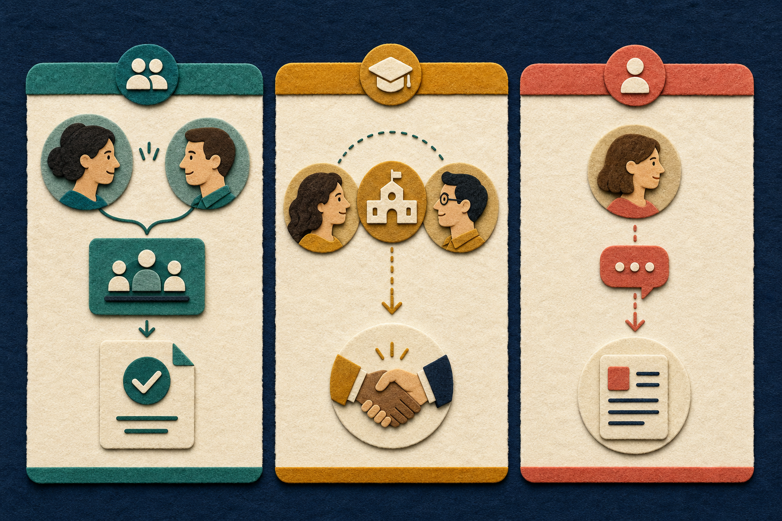 Three relationship-matched message paths lead a former colleague toward a referral, an alumni contact toward an introduction, and a looser contact toward role information.