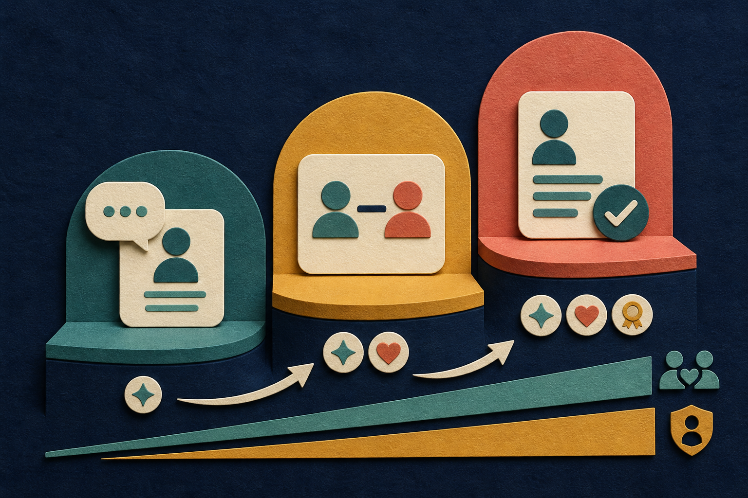 Three ascending support levels show an introduction, a relationship-based connection, and a checked referral document gaining evidence and trust at each step.