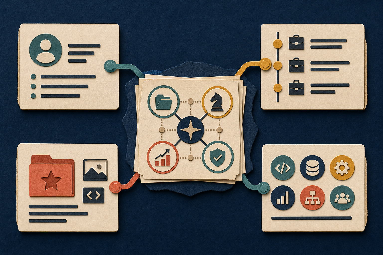 Four resume sections draw from the same evidence map so the summary, experience, projects, and skills reinforce one target role.