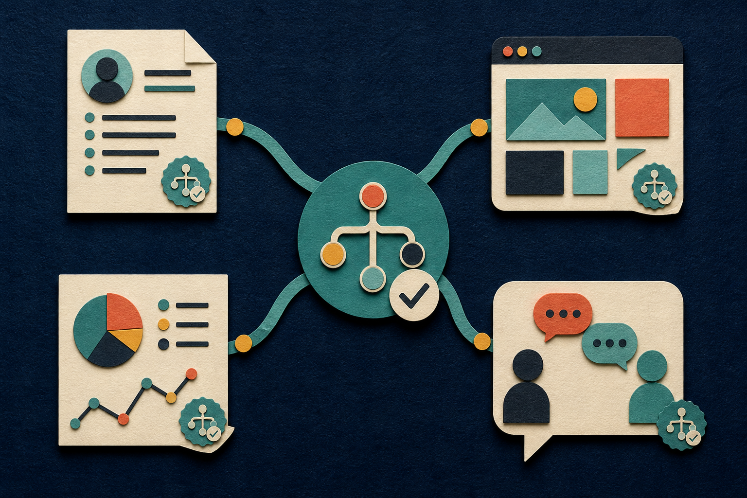 One verified evidence token connects to a resume, portfolio, work sample, and interview, with the same seal carried into every format.