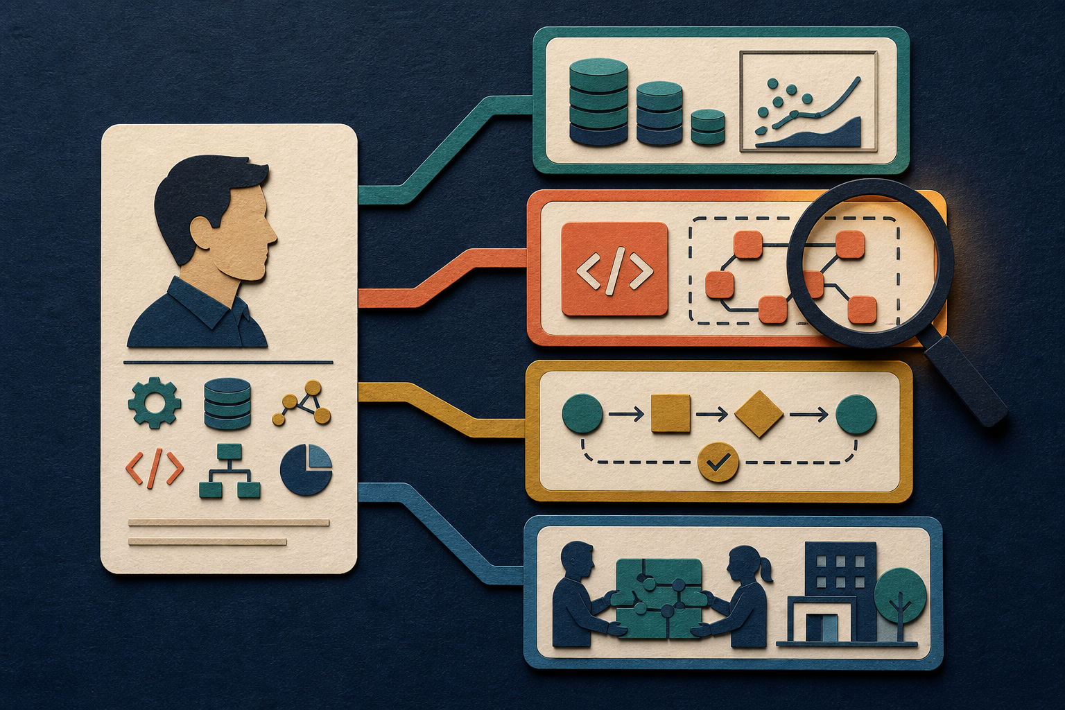 One professional profile branches toward four adjacent AI work lanes for model and data systems, application engineering, workflow operations, and forward-deployed solutions, with a magnifying lens highlighting the closest fit.