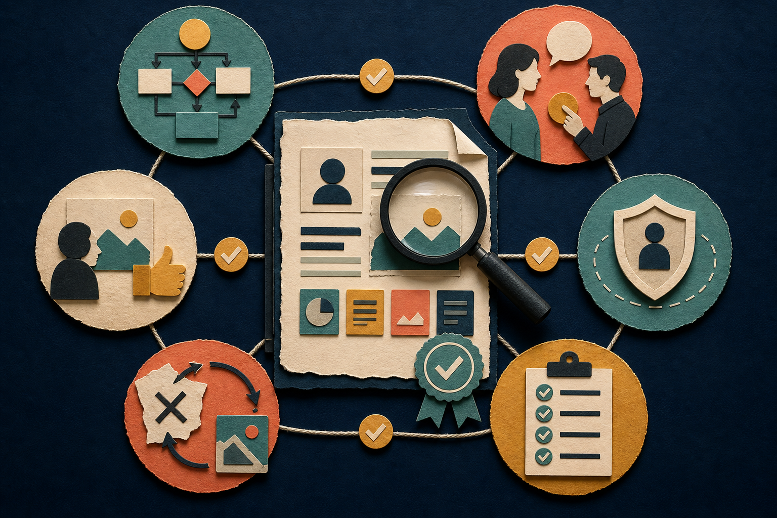 A central project artifact is audited through six connected evidence checks for workflow, user decision, permission boundary, evaluation, failure and revision, and external review.