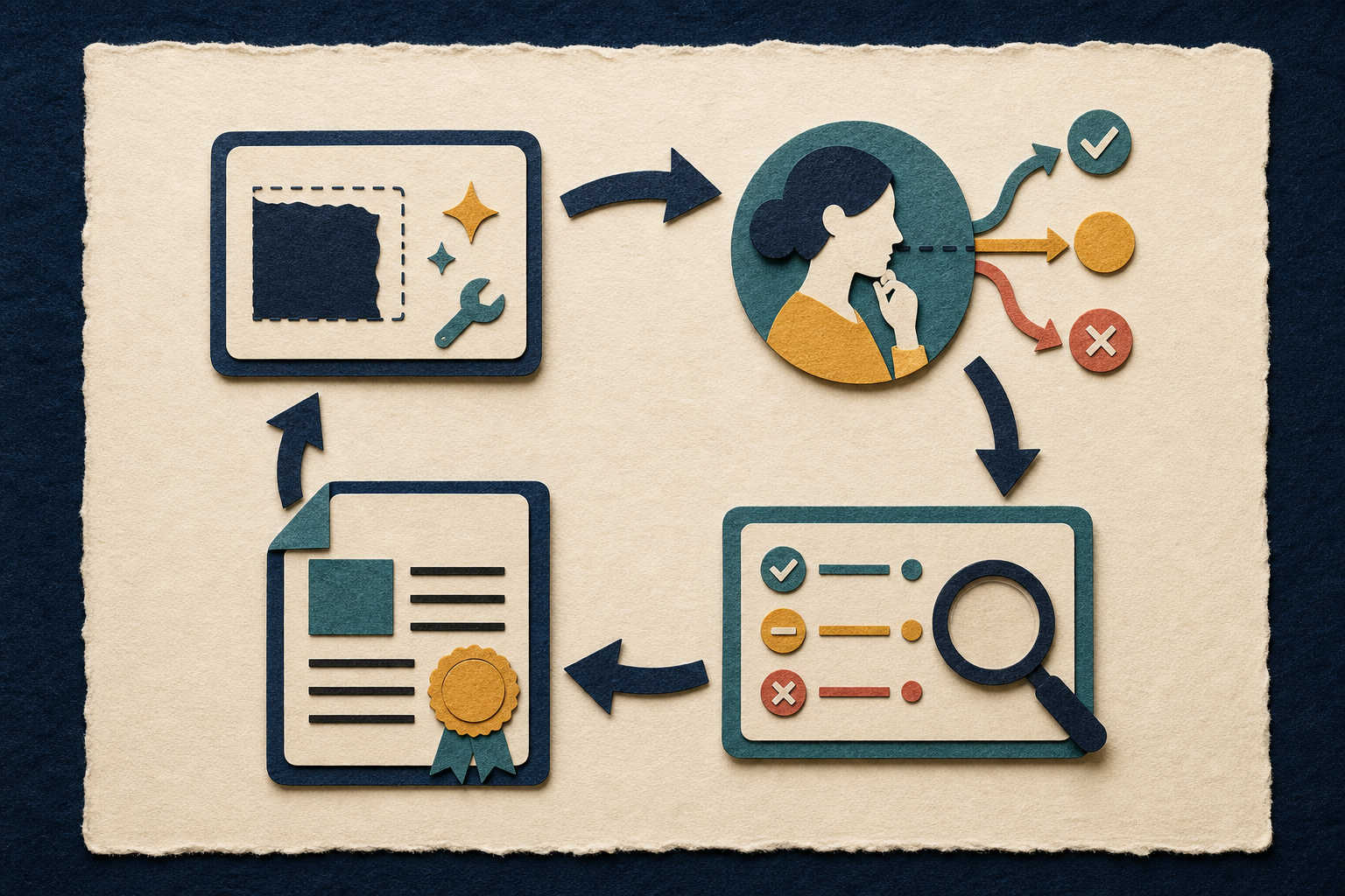 A paper-cut workflow loops through AI-assisted task selection, human judgment, verification, and a documented result.